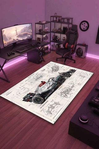 F1 Blueprint Halı Dijital Baskı Yıkanabilir Kaymaz Taban Leke Tutmaz Çok Renkli-24