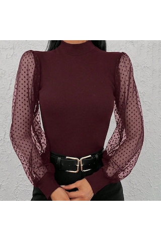 Saklımoda Kadın Uzun Kollu Tül Detaylı Yarım Balıkçı Yaka Kaşkorse Bluz Bordo
