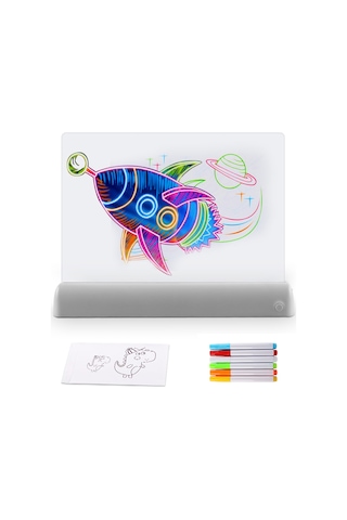 Samdoo Gri Led Işıklı 3d Çizim Tahtası - 11 Renk Efekti, 6 Fosforlu Kalem, 5 Şablon, Silgi - Eğitici Oyuncağı Gri