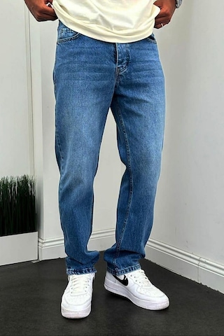 Baggy Rahat Kalıp Lacivert Taşlamalı Kot Pantolon-Erkek Lacivert