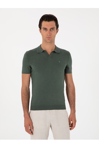 Koyu Yeşil Slim Fit Apaş Yaka Triko T-shirt