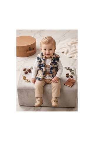 Deniva Kids Erkek Bebek Ayıcık Baskılı Kürklü Yelek Sweatshirt Ve Pantolon 3'lü Takım Bej