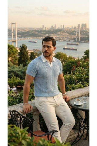 Veraura Lifestyle Erkek Desenli Kısa Kollu Triko Tişört - %100 Pamuk Akrilik Bebe Mavisi