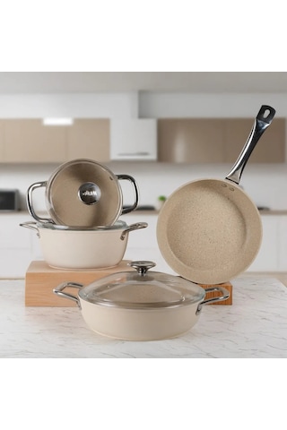 Güral Antoryum Pro 7 Parça Thermoguard Granit Tencere Takımı Bej Bej