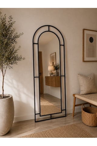 Effe Siyah Metal Çerçeveli 180x70 Cm Pencere Model Oval Ayaklı Boy Aynası