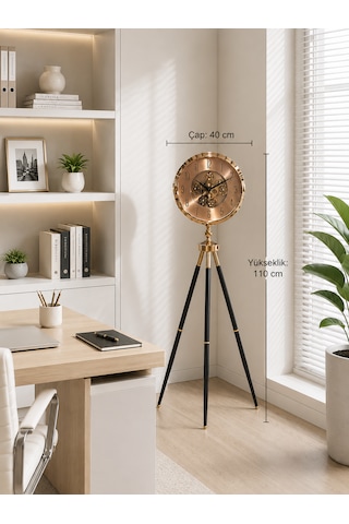 Gold Metal Ayaklı Dekoratif Salon Saati 110 Cm 40 Cm Çaplı Tripod Tasarımlı Retro Lüks Yer Saati