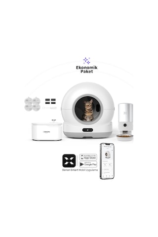 Xenon Smart Akıllı Kedi Tuvaleti, Çelik Mama Kabı Ve Su Pınarı 4'lü Pet Ürünleri Seti 006 Beyaz