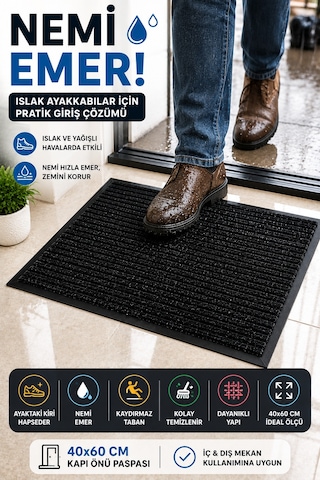 Siyah Dış Mekan 40 X 60 Cm Kapı Önü Paspas Kaydırmaz Taban Nem Alıcı Kir Tutucu Ev Giriş Paspası