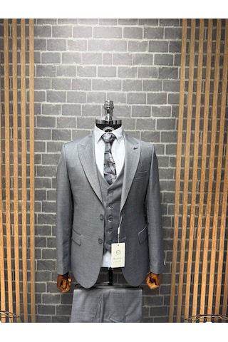Dupont Classics Erkek Slim Fit 6 Drop Sivri Yaka Yelekli Filafil Çift Yırtmaç Takım Elbise Koyu Gri