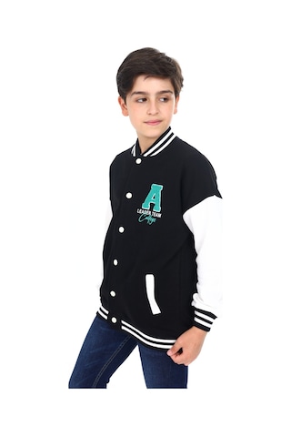 Toontoy Kids Toontoy Erkek Çocuk Kolej Yaka Çıtçıt Kapama Cepli Düşük Omuz Nakış Baskılı Renk Bloklu Örme Hırka - 2 İplik Şardonlu Siyah