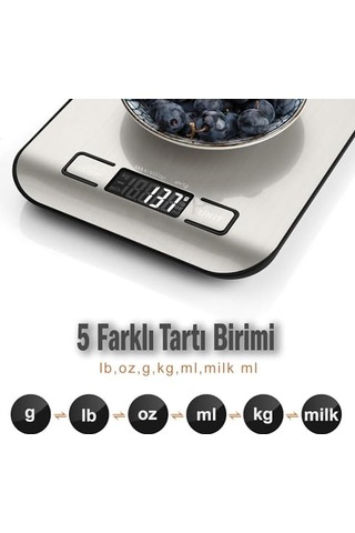 Dijital Mutfak Terazisi Paslanmaz Çelik Yüzeyli Hassas Tartı, 5 Kg Kapasiteli, Dara Özellikli, Lcd Ekranlı, 5 B Diğer