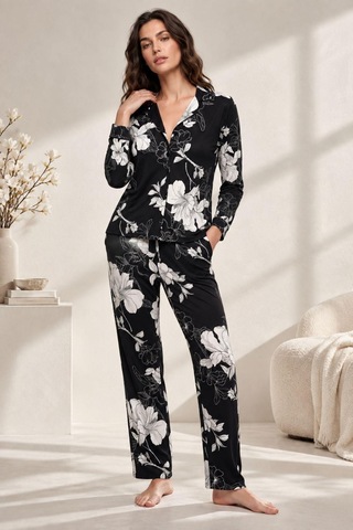 Gd Goldoremi 30163 Kadın Premium Uzun Kollu Önden Düğmeli Pijama Takım Siyah