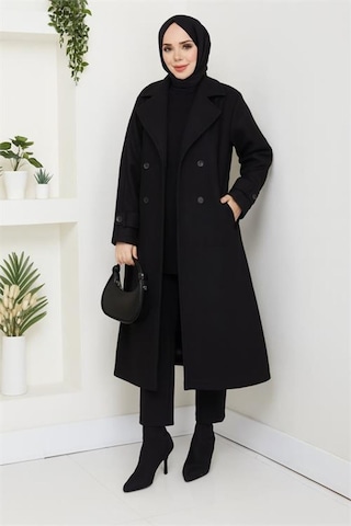 Neşeli Butik Kadın Düğme Detaylı Astarlı Midi Boy Kuşaklı Kaşe Kaban Nbft004 Siyah