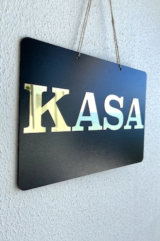 Kasa Yazılı Yönlendirme Tabelası - Siyah Mdf Üzeri Gold Aynalı Pleksi 29x20 Cm