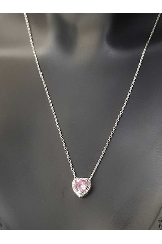 Vog Swarovski Taşlı S Model Pembe Kalp Taş Detay 925 Ayar Gümüş Sevgiliye Arkadaşa Kolye Gümüş