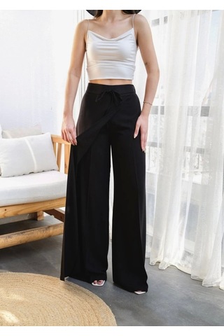 Defymoda Keten Önü Çapraz Parçali Lasti Kli Ve Bağcikli Geni Ş Paça Pantolon Siyah