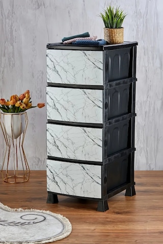 4 Katlı Çekmeceli Baskılı Mermer Desenli Kapaklı Plastik Komidin - Sebzelik - Çekmece Siyah