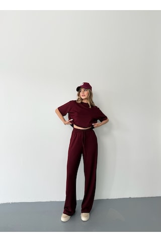 Kadın Modal Kısa Kolu Soft Touch Spor Takım Bordo