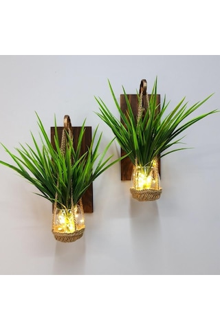 Duvar Dekoru, Led Işıklı, Yeşil Çimen Bitki, Ceviz Aplik İkili Set