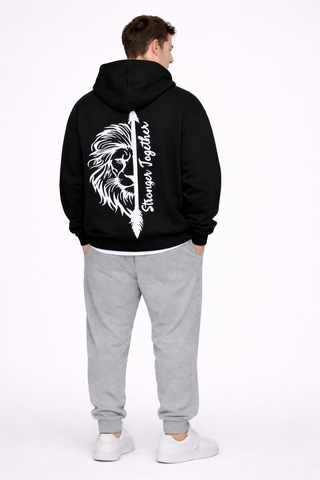 Nevermınd Stronger Together Yazılı Aslan Kaplan Baskılı Beyaz Sevgili Kombini Oversize Hoodie Siyah Siyah