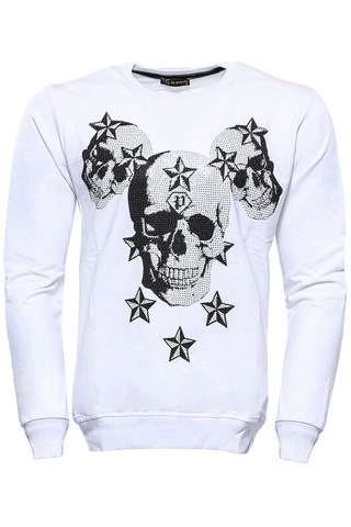 Baskılı Beyaz Bisiklet Yaka Sweatshirt - Wessi Siyah