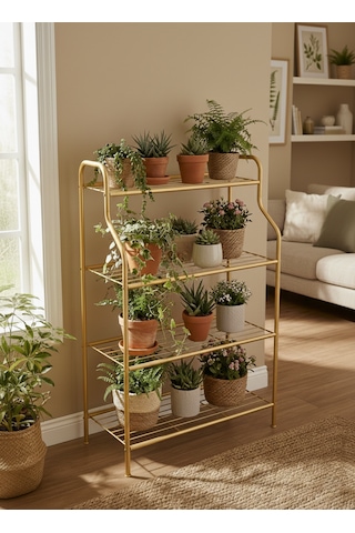 Modern Gold 4 Katlı Metal Çiçeklik Standı: Çok Amaçlı Mutfak,kitaplık&dekoratif Lüks Stand