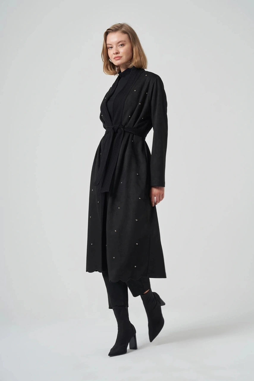 Nuss 6001 Şal Yaka Taş İşlemeli Kap - Siyah Siyah