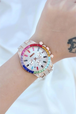 Clariss Trend Rose Metal Kordonlu Zirkon Taş Kaplama Renkli Taşlı Kasa Tasarımlı Lüx Kadın Kol Saati Diğer
