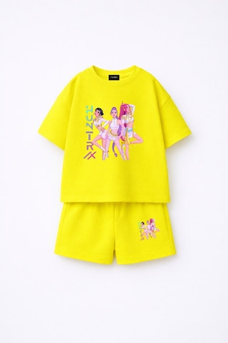 Fasardi Kpop Demon Hunters Huntrix Zoey Rumi Mira Baskılı Oversize %100 Pamuk Tişört Şort Çocuk Takım Sarı