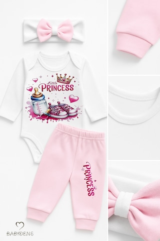 Babyden's Little Princess 3 Lü Kız Bebek Takımı Uzun Kollu Pamuklu Body,pembe Pantolon Ve Fiyonk Bandana Seti Pembe