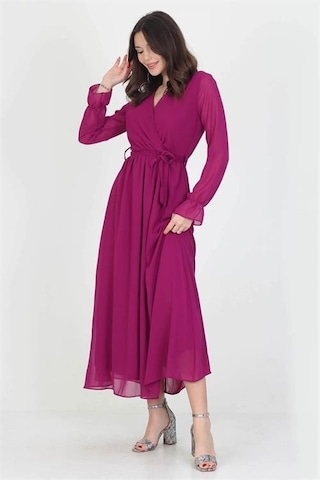 Dip Moda Kadın Kuşaklı Astarlı Uzun Şifon Elbise Dpnb003 Mürdüm