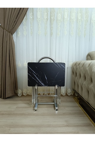 Çanta Zigon Sehpa,4'lü Sehpa, Zigon Sehpası, Mdf Mebran - Siyah M