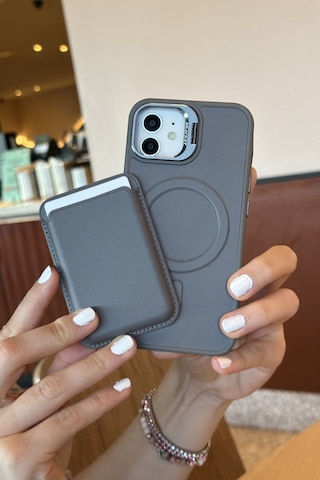 Apple Uyumlu iPhone 11 Premium Titanyum Gri Deri Magsafe Cüzdanlı Kartlıklı Kamera Çerçeve Standlı Kılıf Titanyum Gri