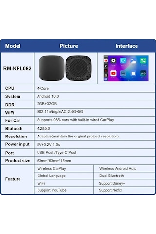 Vtn-a01 Wireless Carplay Android Araba 4 Çekirdekli Akıcı 1080p Wifi 2.4/5g 2gb/32gb Diğer