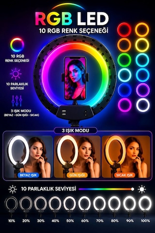 21 İnç Rgb Led Halka Işık, 3 Telefon Tutuculu, Uzaktan Kumandalı, Tiktok Youtube Makyaj Ring Light