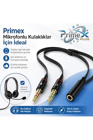 Primex Px-8005 Kulaklık Mikrofon Ayırıcı, 3.5 Mm Jak 1 Dişi 2 Erkek Y Splitter, Tek Girişli Mikrofonlu Kulaklığ