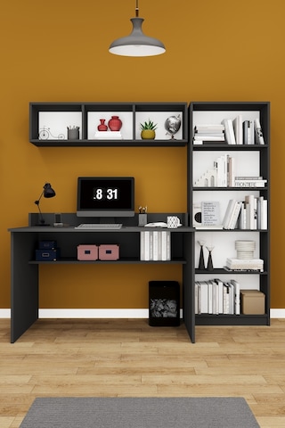 Asra Trend Çalışma Masası Seti ÇMT001 %100 MDF Kitaplıklı Raflı Ofis Takımı Antrasit