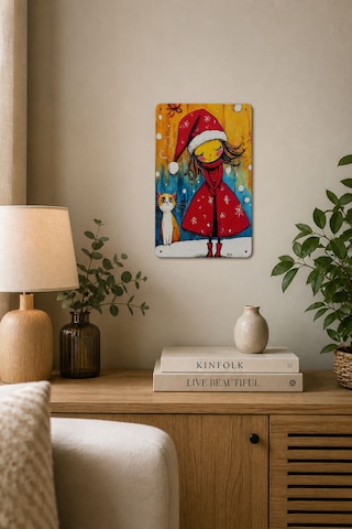 Upeka Kedi Ve Kız Noel Temalı Şık Modern Tasarım Dekorasyon Metal Duvar Tablo 30cmx20cm