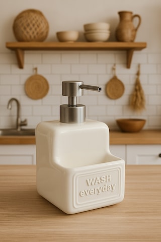 Pure Tezgah Üstü Sünger Hazneli Sıvı Sabunluk 375 Ml - Mutfak Banyo Evye Yanı Sabunluk Seti Bej