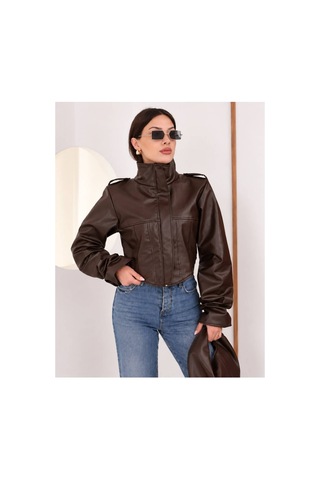 Moda Banuş Cup Detay Crop Kahverengi Deri Ceket