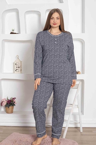 Kadın Bisiklet Yaka Büyük Beden Lacivert Çiçek Desen 3 Düğmeli Mevsimlik Uzun Kol Pijama Takımı Lacivert