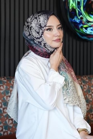 Dalgalı Desen Yeşil Soft Pamuk Şal Pudra Açik Gri