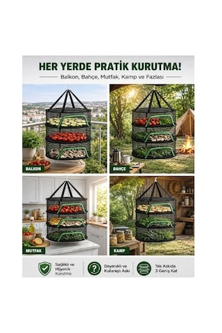 Sebze Meyve Kurutma Filesi Doğal Kurutma Sepeti 3 Katlı Fermuarlı Siyah