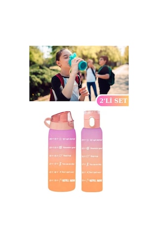 Flosoft Okul Ve Sporcu Matarası Suluk, Motivasyonel Su Şişesi 2 Li Set Turuncu 1000Ml+750 Ml