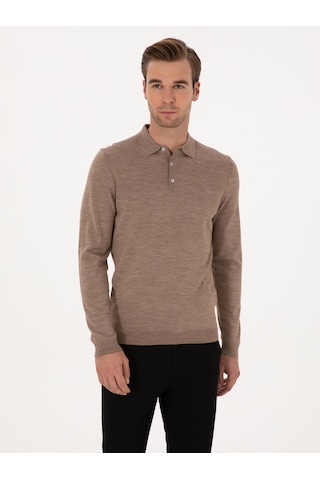Cacharel Vizon Slim Fit Yün Karışımlı Polo Yaka Basic Triko Kazak Kahverengi