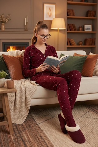 Lela Streç Standart Fit Düğmeli Bayan Pijama Takımı 60956601 Bordo