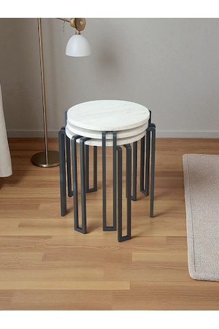 Zigon Sehpa Metal Ayaklı Beyaz Ahşap Yuvarlak Misafir Sehpası 3'lü