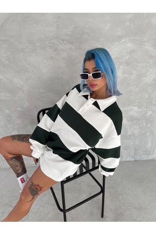 Mbb E-ticaret Kadın 3 İplik Pamuklu Parçalı Yakalı Sweatshirt - Yeşil