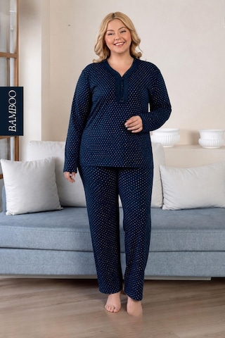 Derya Kadın Büyük Beden Dantel Yaka Bambu Uzun Kol İnce Pijama Takımı 8105l - 1 Adet Lacivert