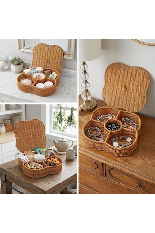 Go İthalat Kapaklı 5 Bölmeli Plastik Rattan Organizer Kutu Hasır Desenli Çok Amaçlı Saklama Ve Sun Bej